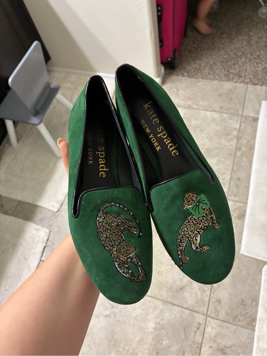 kate spade Shoes - kate spade emerald green suede leopard-embellished loafers